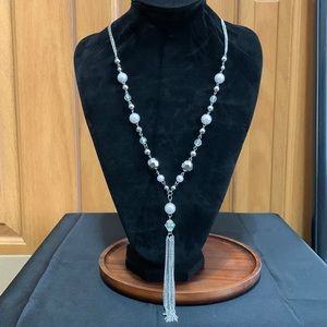 NWT Macy's pearl and silver bead tassel necklace